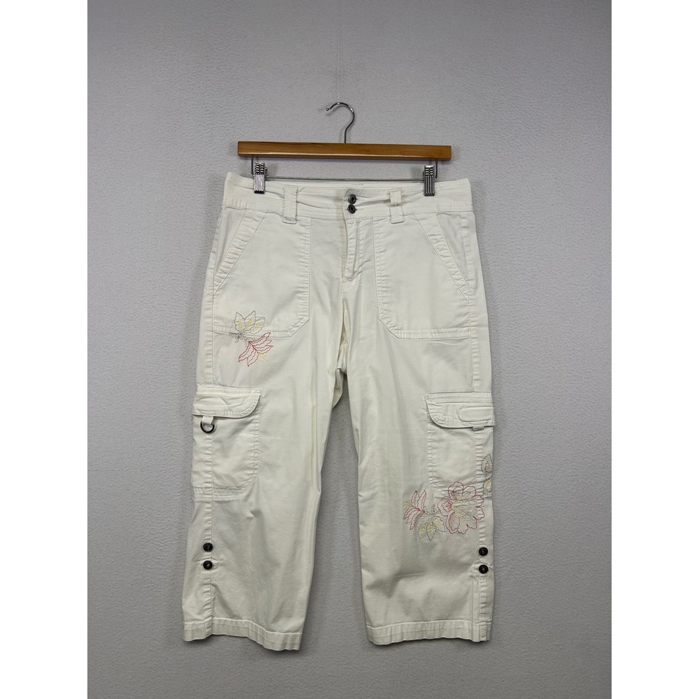 Boho Floral Gloria Vanderbilt Women 8 White Embroidered Cargo Capri Pants